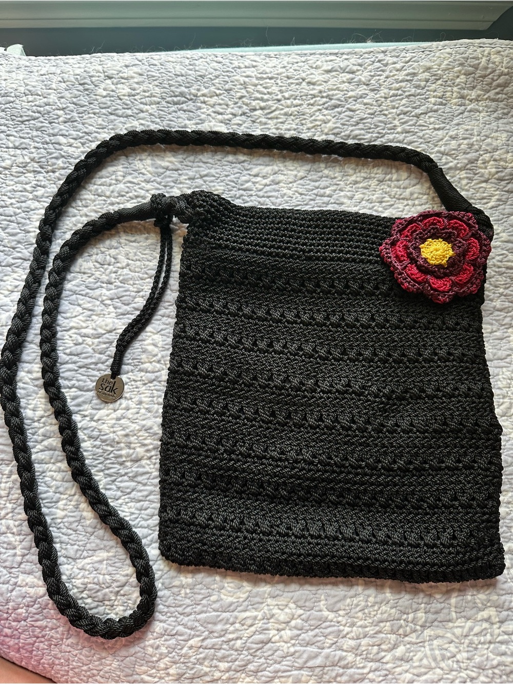 the sak Black Crochet Crossbody purse /Bag with removable Red Flower Accent pin